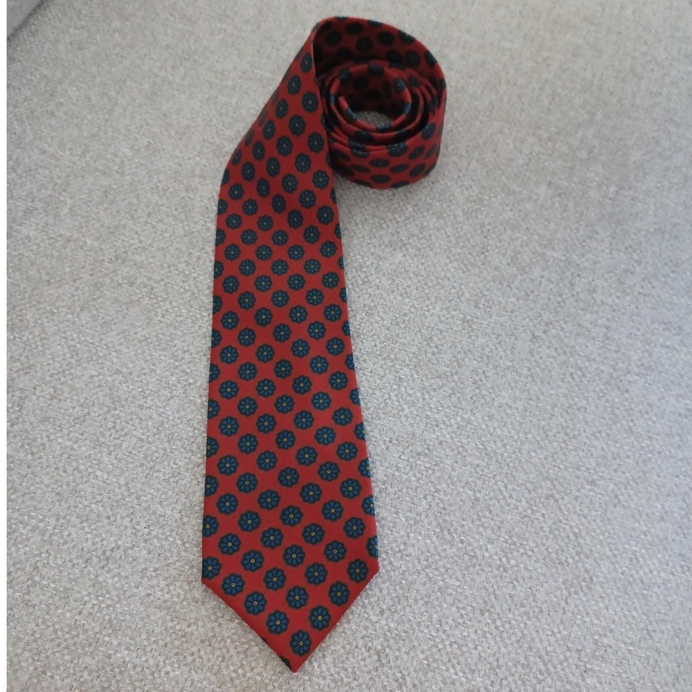 Burberrys Silk Tie Red Blue Floral Pattern Made in England Mens - Picture 7 of 9